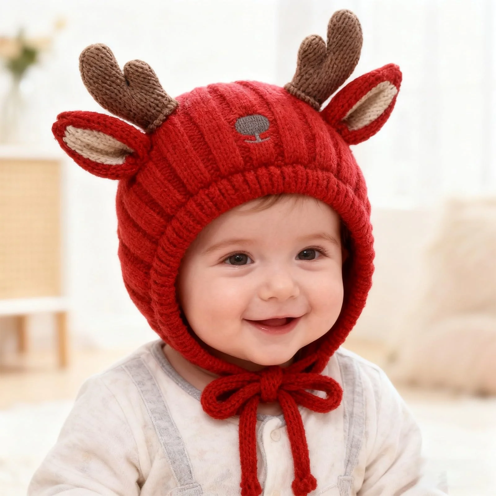 

Baby Christmas Hat,Cute Christmas Reindeer Antler Knit Hat,Autumn and Winter Baby Earmuff Hat,Xmas New Year Beanies Caps