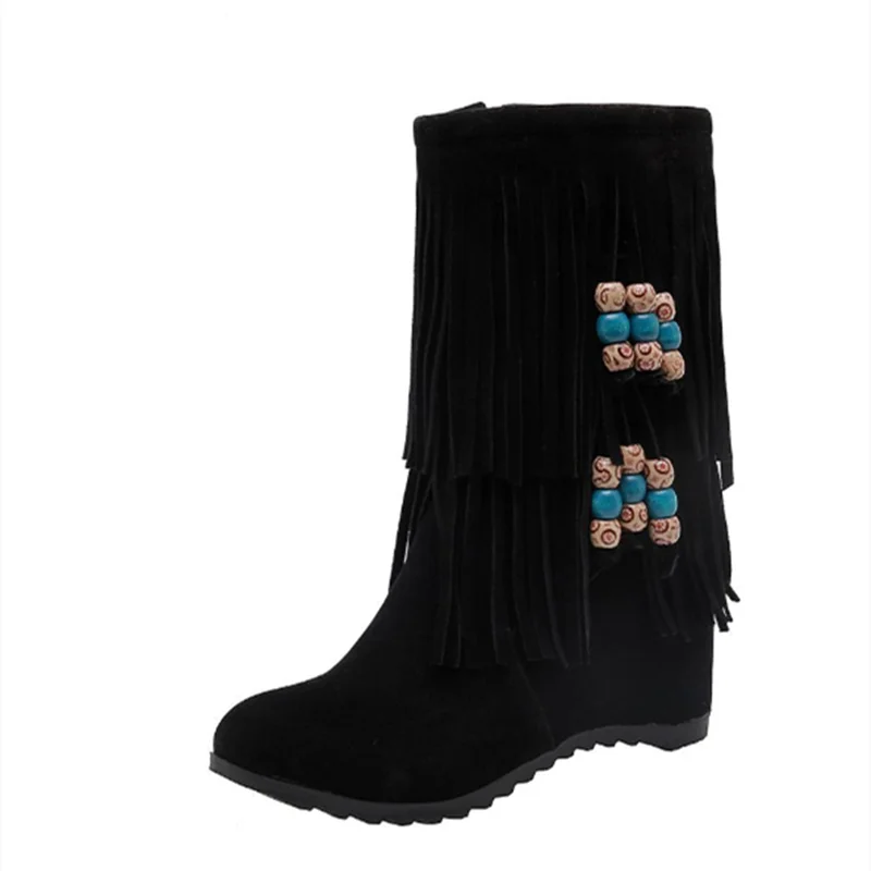 Lady Big Size 43 Tassel String Bead Flock Velvet Women Pumps Round Toe Mid- Calf  Winter Booty Thick High Increasing Heel Boots