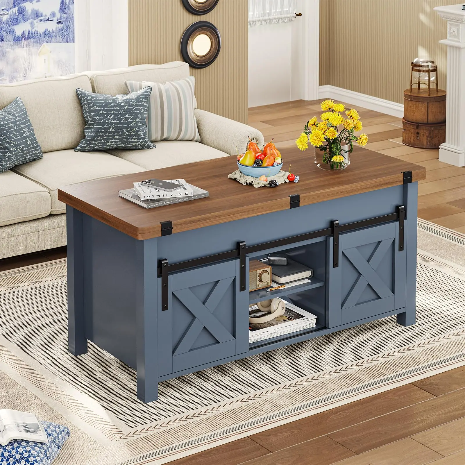 Farmhouse Lift Top Coffee Table with Storage and Hidden Compartment