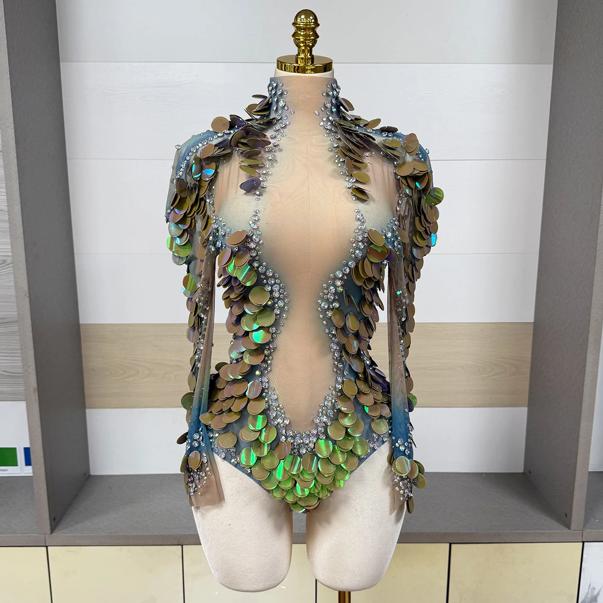 Luxuriöser Schillernder Großer Pailletten-Bodysuit mit AB-Strass, Langen Ärmeln und Transparentem Netzstoff für Sängerinnen, Drag Queens und Club-Bühnenoutfits