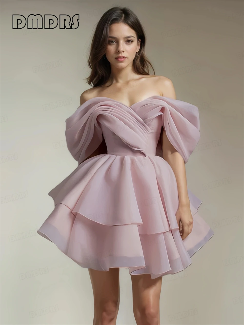 

Lovely Off-the-Shoulder Tulle Short Dress for Women Pleated Customized Colors Above-knee A Line Formal Party Gowns