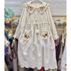 Vintage Cotton Floral Embroidery Lace Tunic Long Midi Dress for Women 2024 Retro Chic Cottage Core Mori Girl Evening Sweet Dress