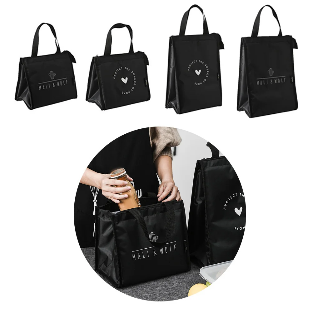 Oxford Cloth Insulated Lunch Bag Long Black Portable Food Box Storage Bag Handheld Organizer Waterproof Dirt Resistant