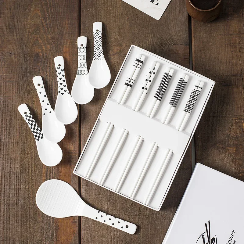 5 Pairs Ceramic Chopsticks & Spoons Set Home Kitchen Long Handle Round Head Soup Spoon Non-Slip Chopsticks & Rice Spoon Gift Set