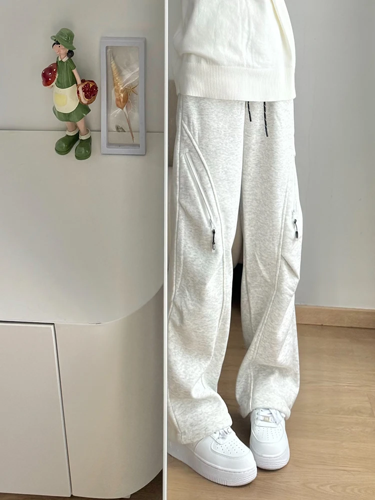 

Thiened Fce Lined Straight Leg Men's Trousers White Flower ey Bend Knife Design Autumn Winter American Sport Pants