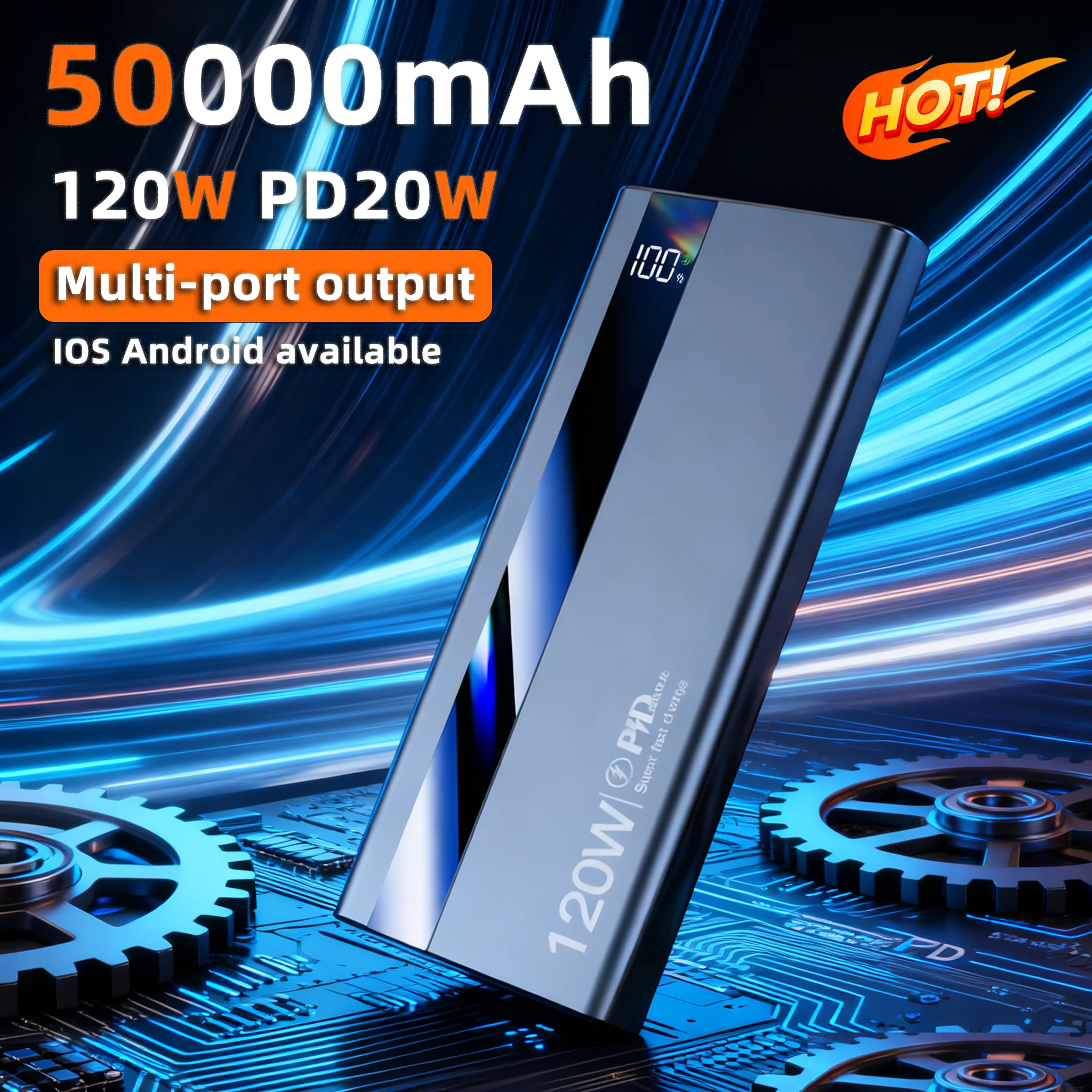 

120 Вт, 50000 мАч, цифровой дисплей, многопортовый портативный блок питания для мобильных устройств с супер быстрой зарядкой для IOS и Android