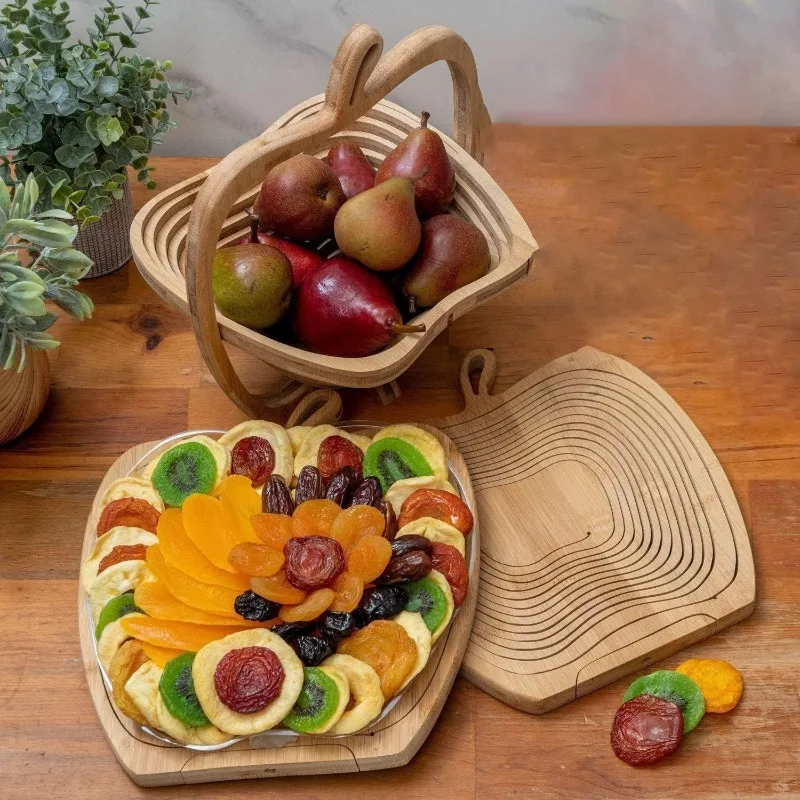 

Bamboo Creative Handle Fruit Basket Apple-shaped Foldable Living Room Fruit Plates Stable Base Artistic Fashional Home Decor
