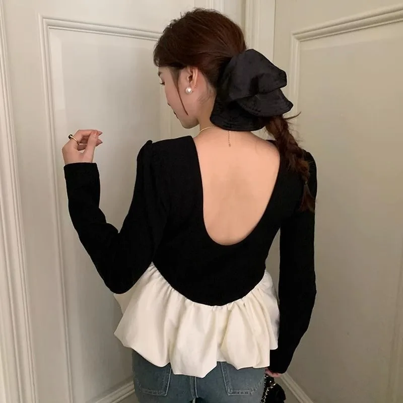 O-neck T-shirts Women Backless Ruffles Panelled Long Sleeves Sweet Girls Lovely Trendy Leisure Autumn New Korean-style Gentle