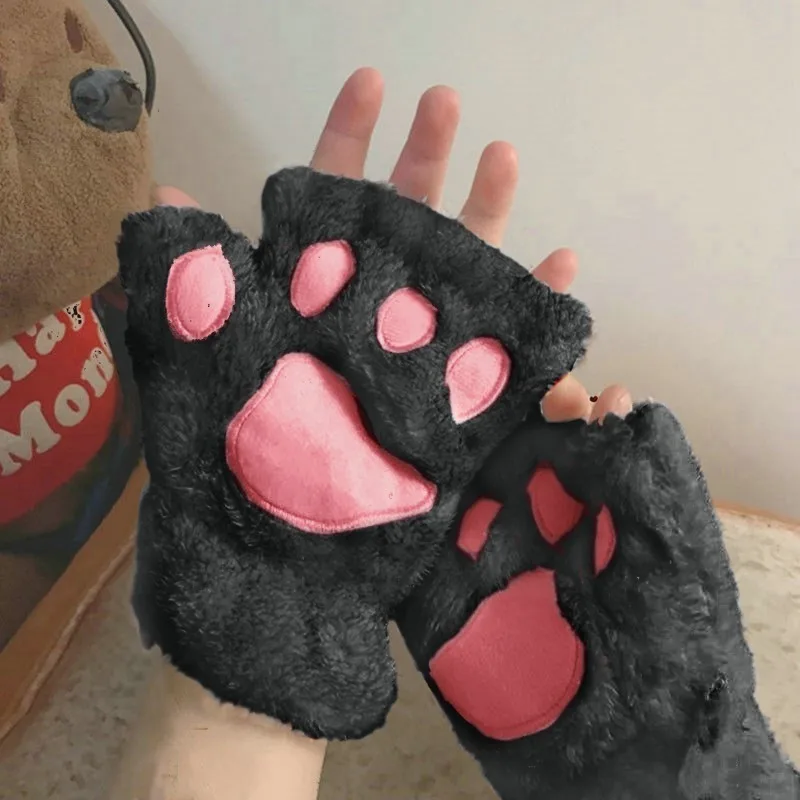 Guantes de gato Kawaii para mujer, mitones de felpa de pata de garra de gato, cálidos, suaves, sin dedos, gruesos, Invierno