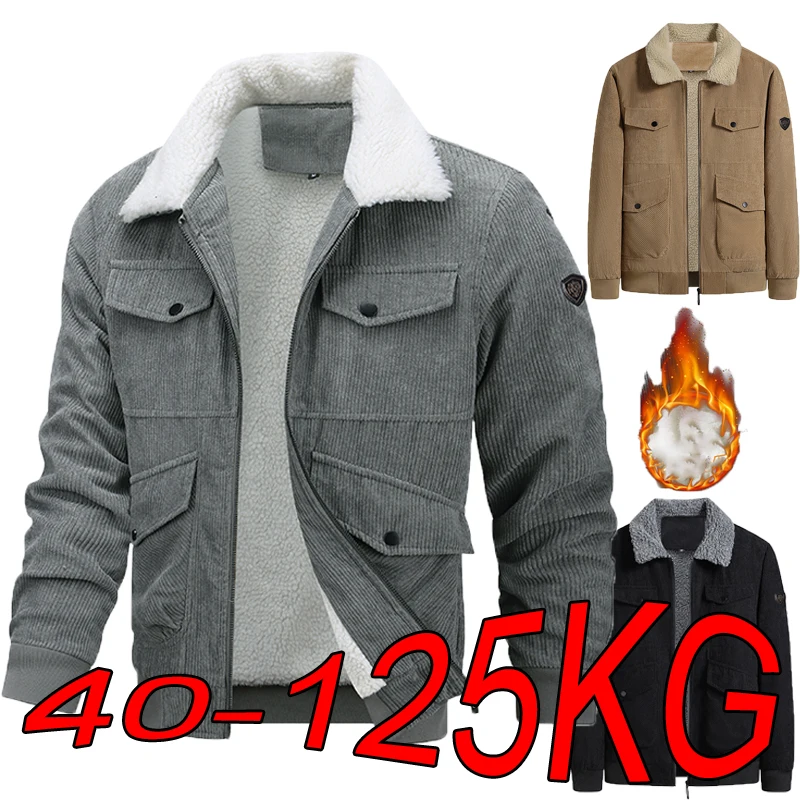 M-8XL Plus Size Warm Jacket Men's Autumn and Winter Models Plus Velvet Thickened Solid Color Black Middle-aged Lamb Fleece Coat