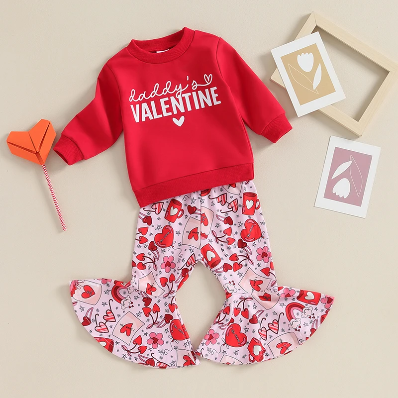 

Toddler Baby Girl Valentines Day Outfit Letter Print Long Sleeve Crewneck Sweashirt Top Heart Bell Bottom Pants Set