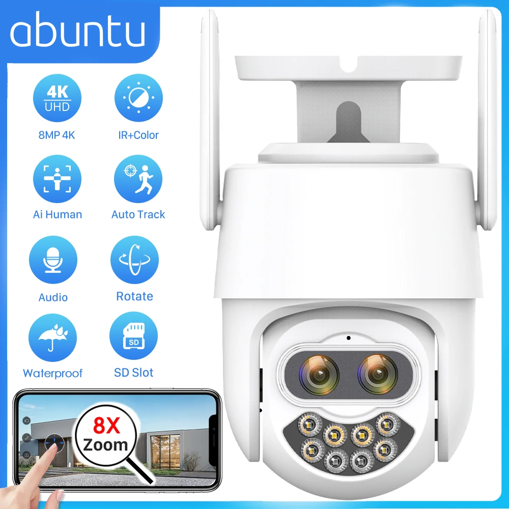 

ABUNTU 8MP 4K Dual Lens PTZ IP Camera Outdoor Celling 8X Hybrid Zoom 4MP WIFI Surveillance Cameras Color Night Vision ICSEE APP