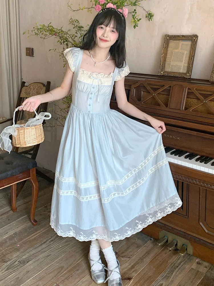 

Zoki Elegant Blue Long Dress Women Sweet Lace Patchwork Vintage Dress High Quality Casual Flying Sleeve Bow Lady Retro Vestidos