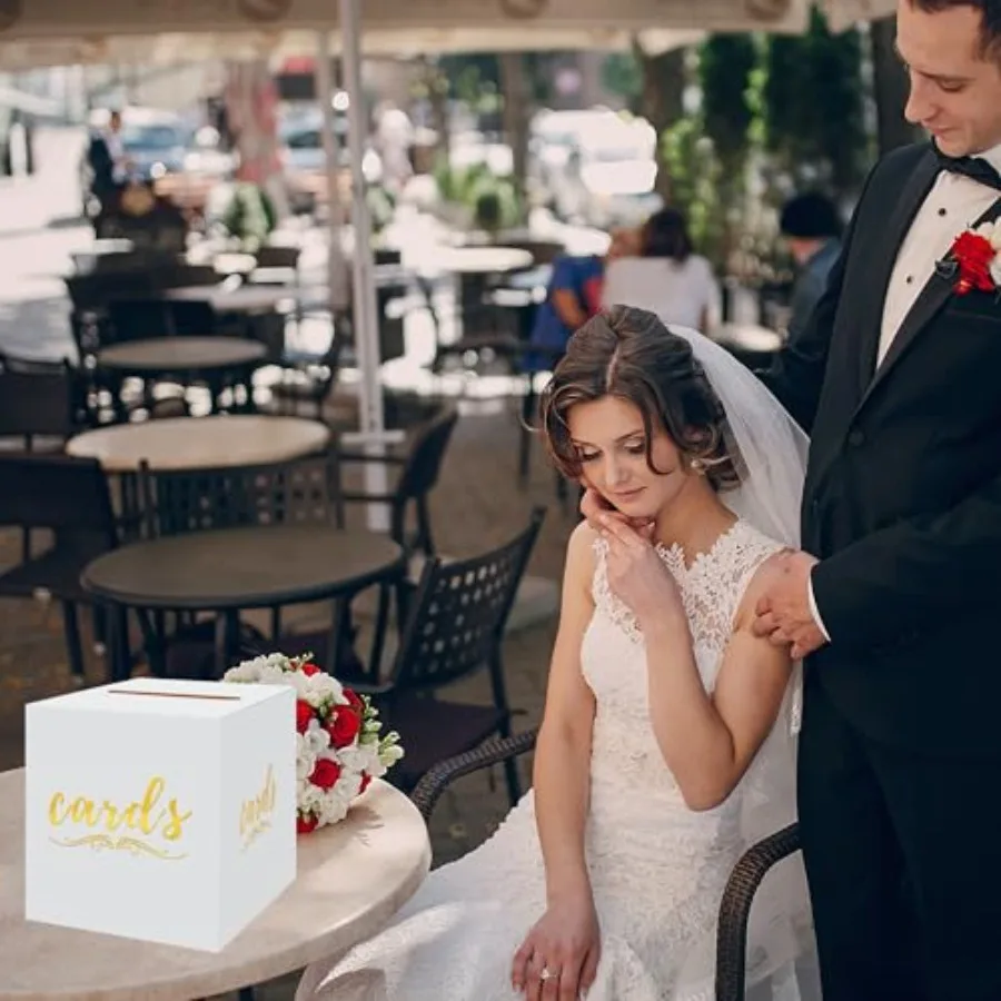 白と金のウェディングカードボックス、パーティー、誕生日、卒業式、ブライダル、ベビーシャワー、葬儀、退職祝いの装飾用、段ボール製