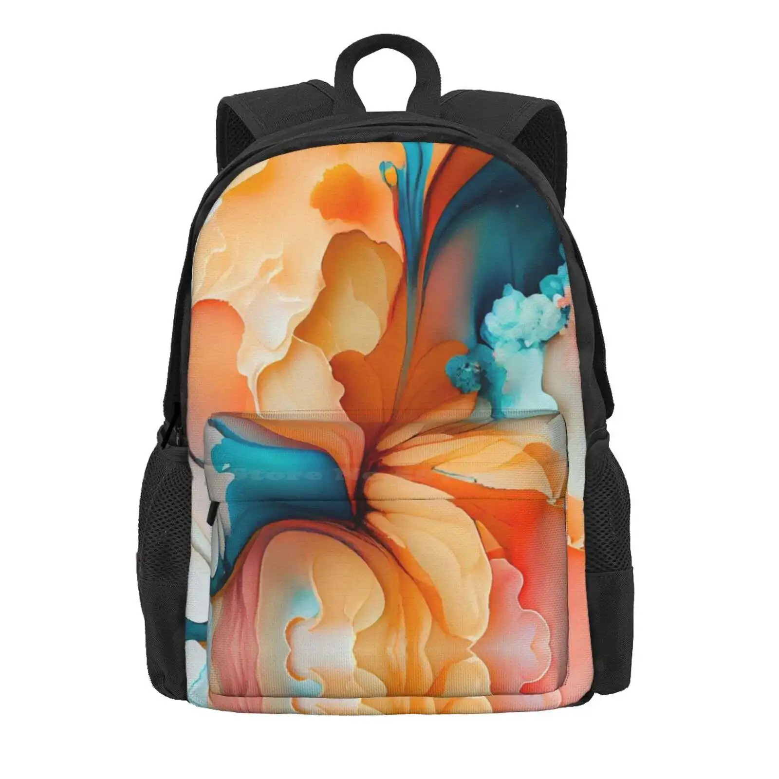 Abstract Fluid Blending Yellow, Blush And Blue Hot Sale Schoolbag Backpack Fashion Bags Abstract Fluid Blending Teal Orange