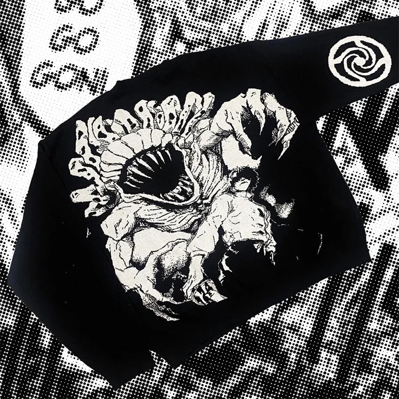 

Graphic Print Black Knitted Sweaters Streetwear Demon Anime Pullover Unisex Casual Loose Sweaters Men Gothic O-neck Pullovers