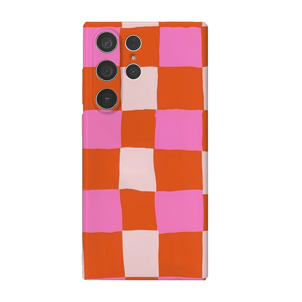Rosa & Orange Gingham Handyhülle für Samsung Galaxy S25/S24/S23 Ultra/Plus A35/A55 Glänzende HD Hartschalen-Folie
