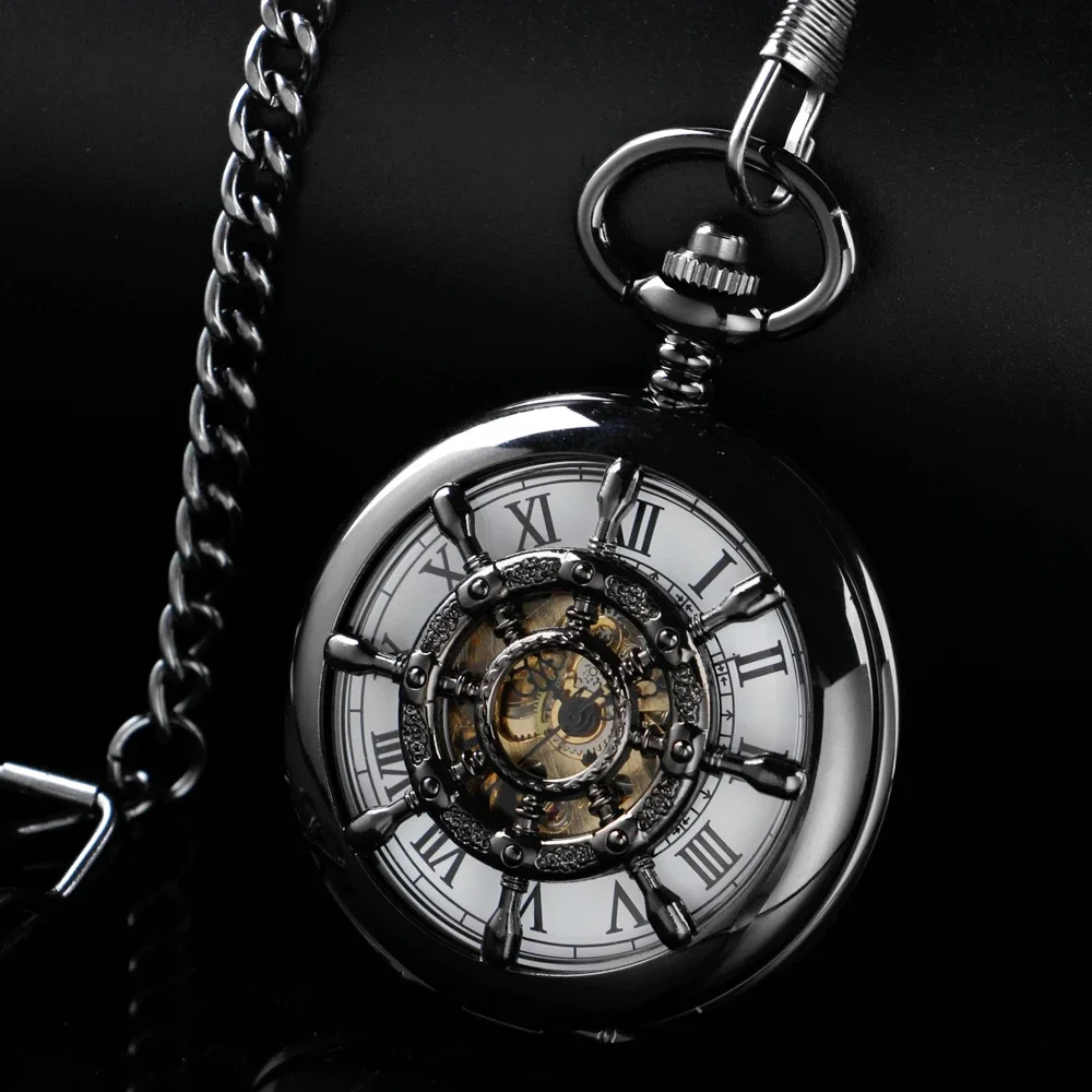 

Vintage Black Rudder Hollowed-Out Mechanical Manual Pocket Watch Gold Roman Digital Skull Dial Pendant Automatic Antique Clock