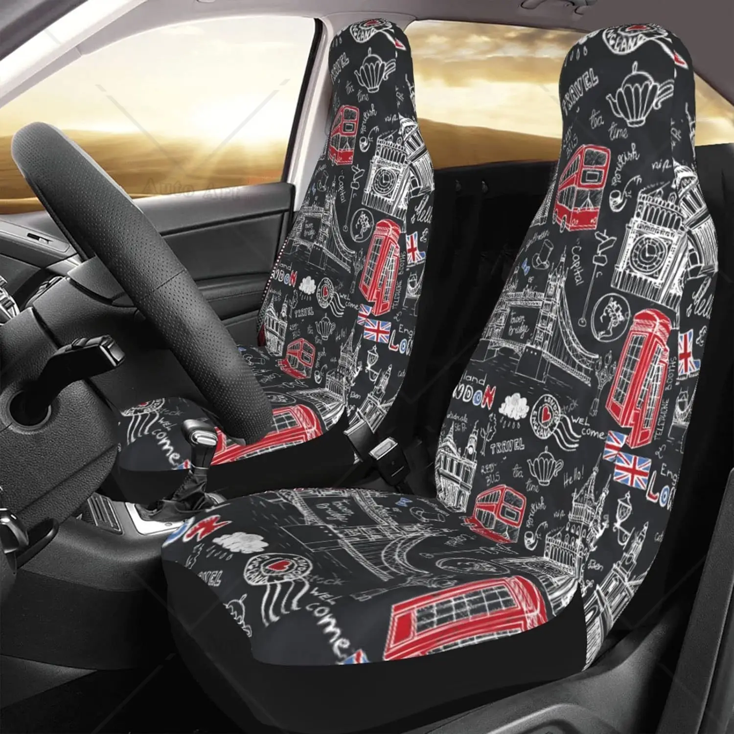 Car Seat Covers London Landmark British Landscape Art Car Front Seat Protectors Car Accessories Set Bucket Cover Universal Car