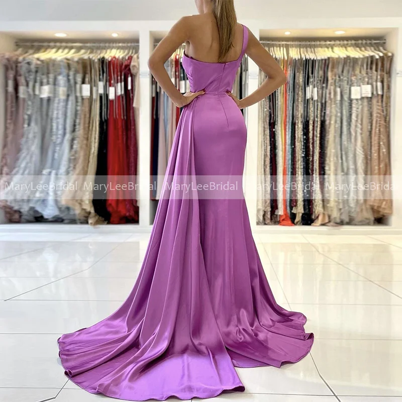 Customized One Shoulder Caramel Brown Bridesmaid Dresses Shiny Satin Mermaid Long Ribbon Maid of Honor Dress Evening Gowns