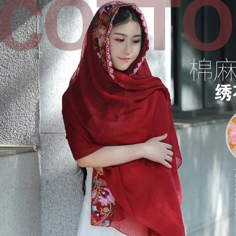 

Retro Trendy Scarf with Embroidery Floral Design Soft Lightweight Shawl for Women Sun Protection Ethnic Style