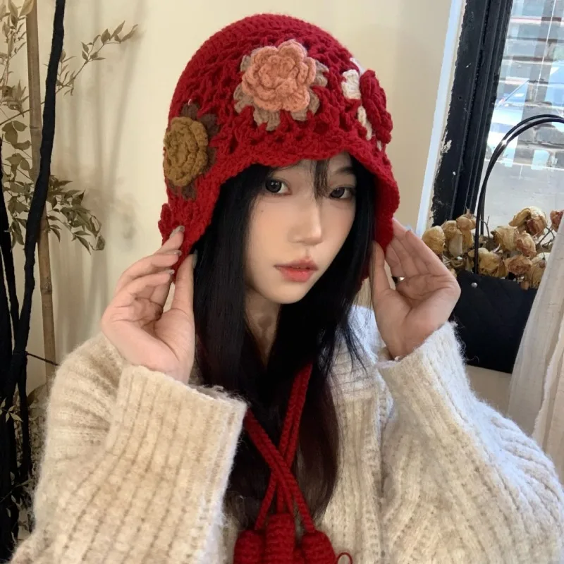 

Japanese Spring and Autumn Hand-crocheted Flower Fringed Pullover Hat Women Ethnic Style Hollow Ear Protector Knitted Beanie Cap