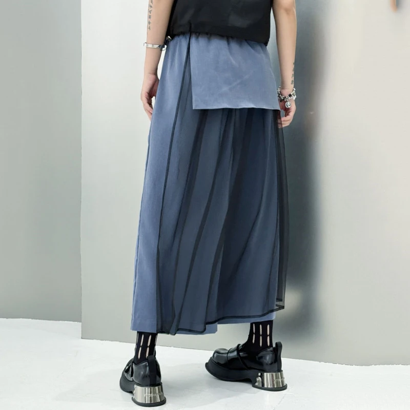 HKSH Spring Summer New Women Wide Leg Baggy Pants Asymmetric Patchwork Mesh Elastic Waisted Elegant Fashion Casual Trend HK16638
