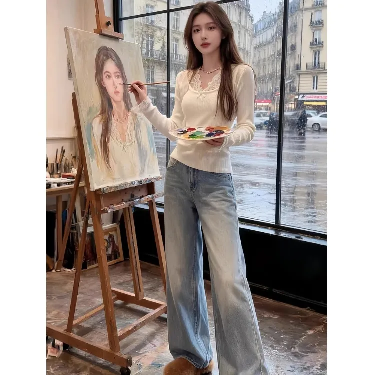 

Spring 2026 Chic Small Fragrance Style Top And Jeans Two-Piece Set Fashionable Design Sensation Breathable Medium Weight Poly...