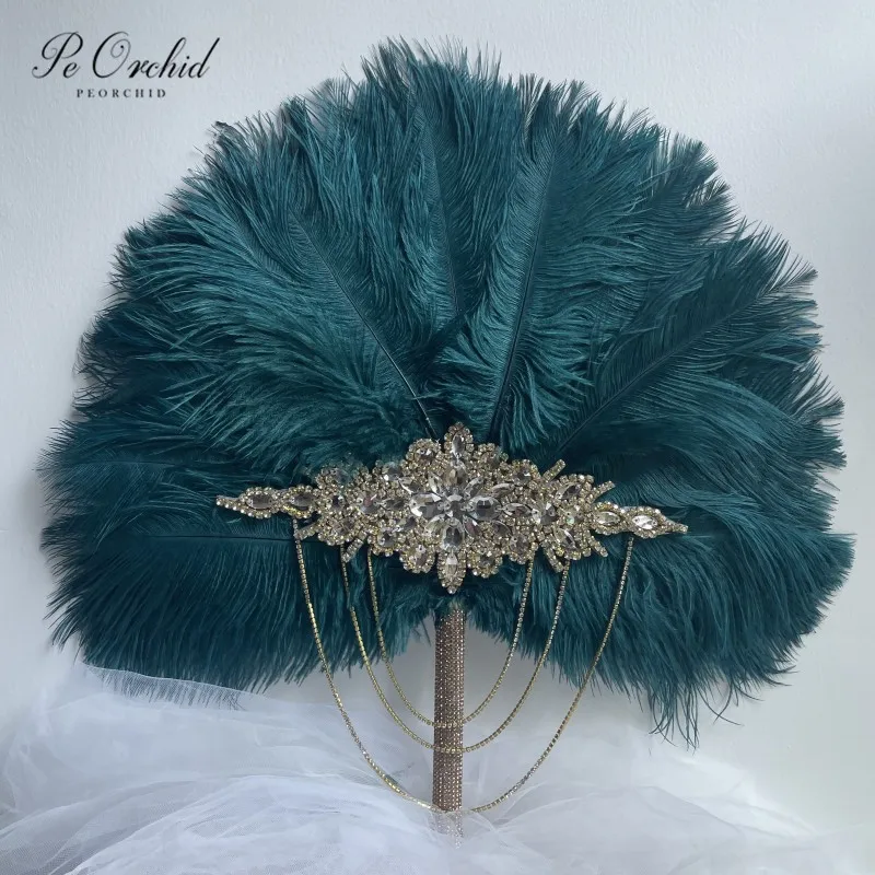 PEORCHID Ostrich Feathers Teal Blue Bridal Brooch Bouquet Fan Ramo Novia 2023 Custom Gatsby 1920s Art Deco Wedding Bouquet Gift