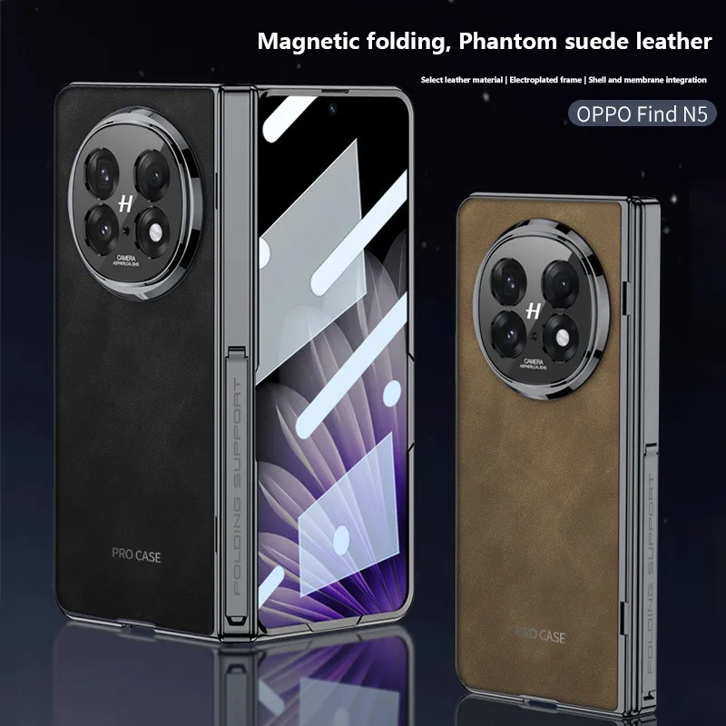 

Гальванический матовый кожаный чехол для OPPO Find N5 FindN5 5G, магнитный складной пружинный шарнирный кронштейн, чехол с закаленной пленкой