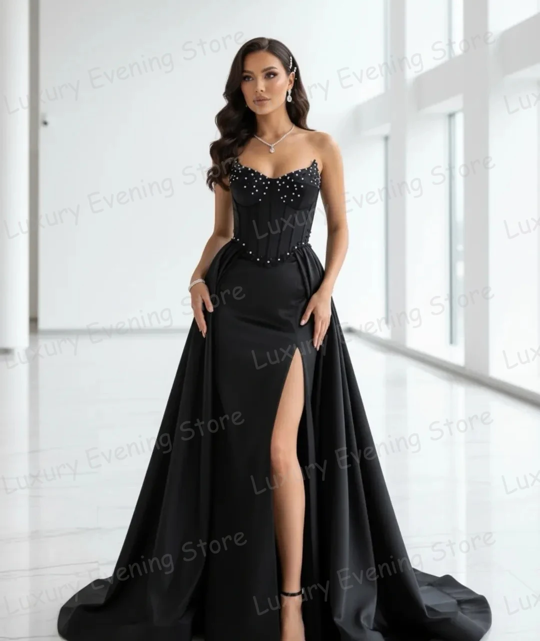 Simple Side Split Evening Dresses Sexy Woman's Mermaid Boat Neck Beading Prom Gowns Fashion Party Vestidos De Novia Customized