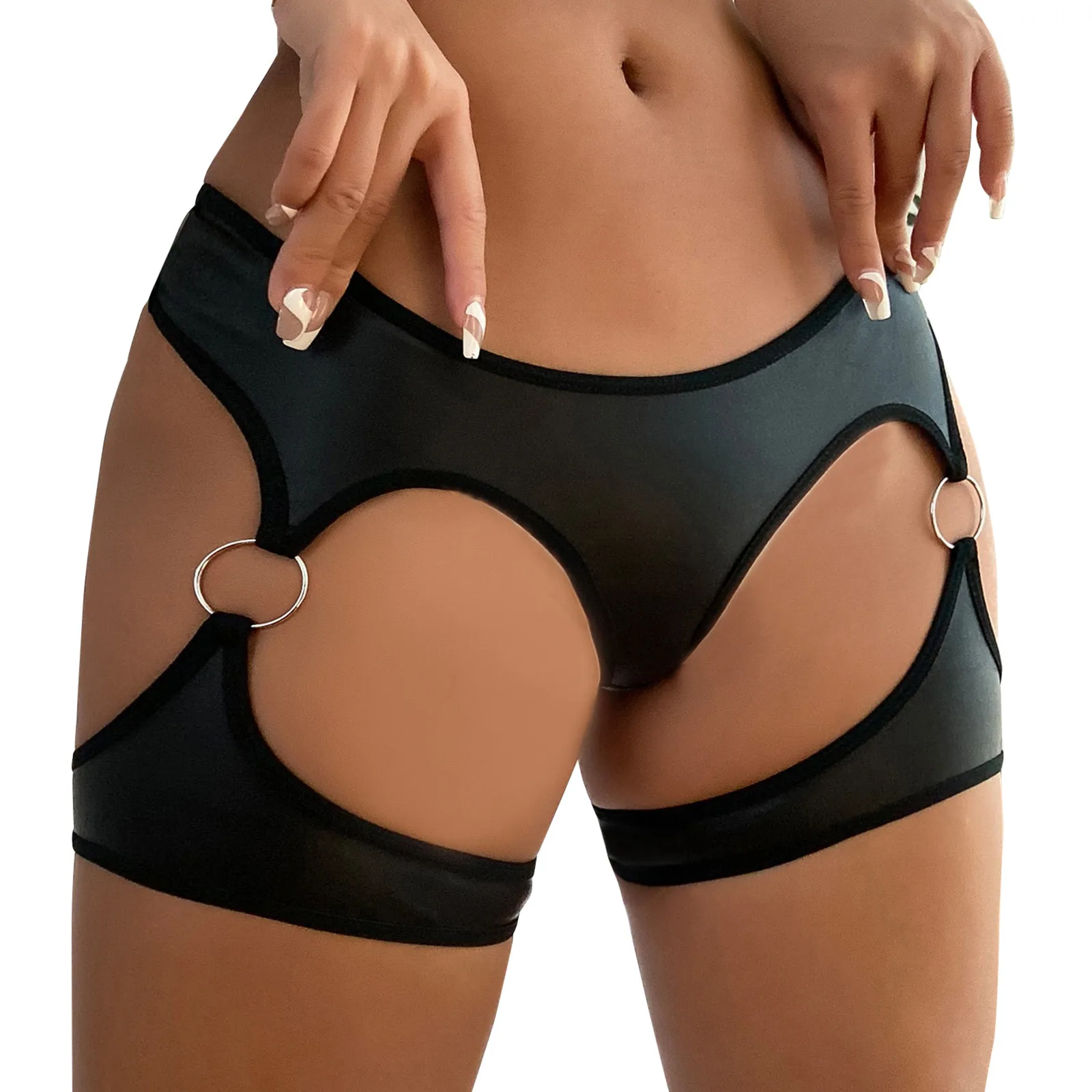 

Women Leather High Waist O Rring Garter Booty Shorts Panties With Cut Thigh Ring Sexy Cut Out Backless Butt Lifting Thong Brief