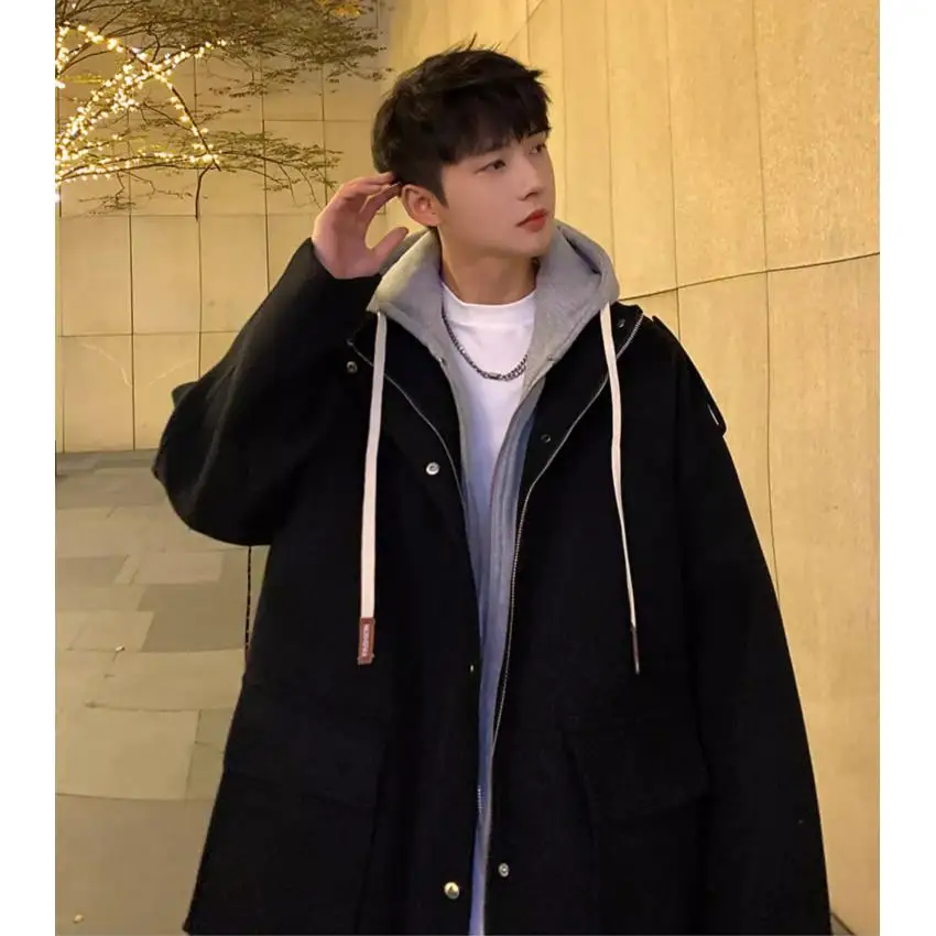 

Теплое шерстяное пальто с капюшоном, двухслойная внутренняя полиэфирная ткань, зимняя мужская куртка Thiened Long Sve Pure Color