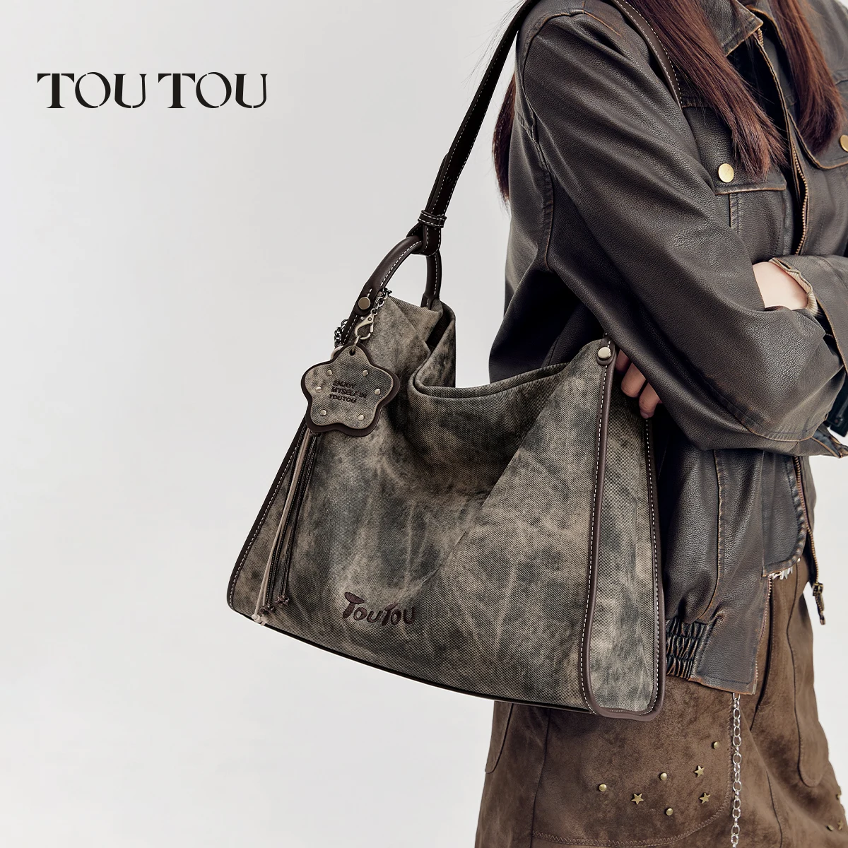 

TOUTOU Сумка-тоут большой вместимости из искусственного денима в стиле ретро — универсальная, стильная, элегантная для поездок на работу, школы и путешествий — искусственная