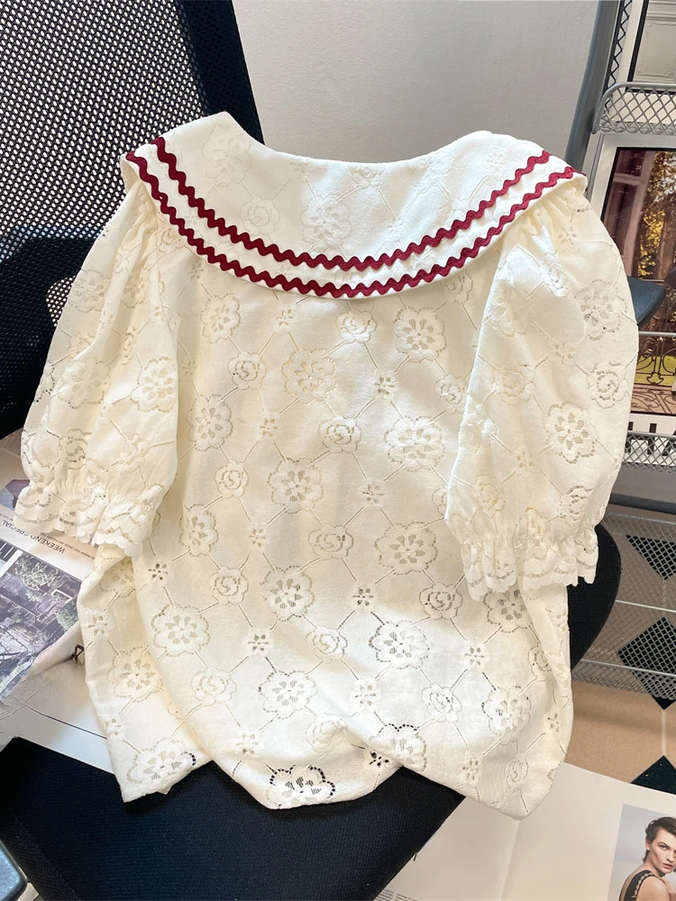 French Small Fragrance Blouses Peter Pan Collar Puff Sleeve Flower Embroidery Crop Tops Shirts Summer Sweet Women Clothing 2024