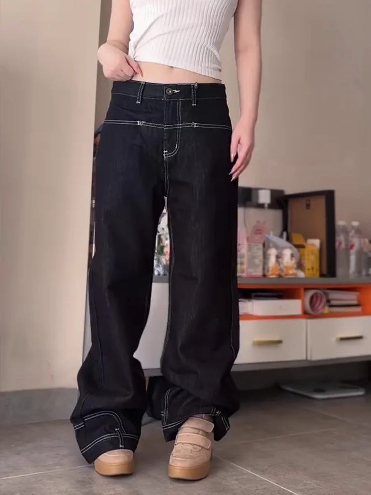 Retro American Design Washed out Reversed Tailored Women's Jeans Straight Leg Floor-Length Pants Distressed Natural Waist