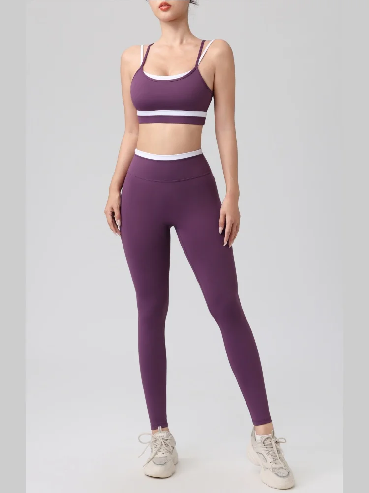 Color-Block Yoga Fitness Running Suit Women's Cross-Back Bra Pants Summer Sportswear Set Breathable Knitted Fabric Gym Outfit