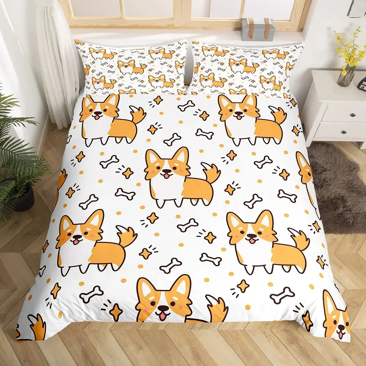 

Little Corgi Cartoon Hearts Background, Dog Lover Bedding Set, 3 Piece Decor Quilted Cover with 2 Pillow Shams, Queen Full Size
