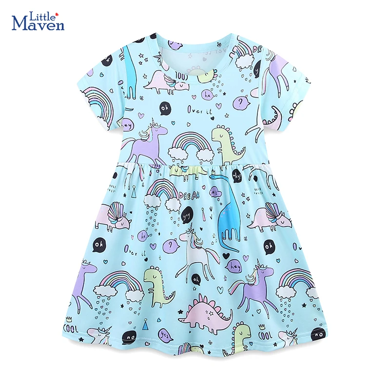 Little maven novo verão crianças roupas do bebê meninas arco-íris vestido de princesa roupas infantis dos desenhos animados dinossauros vestidos 2-7 anos