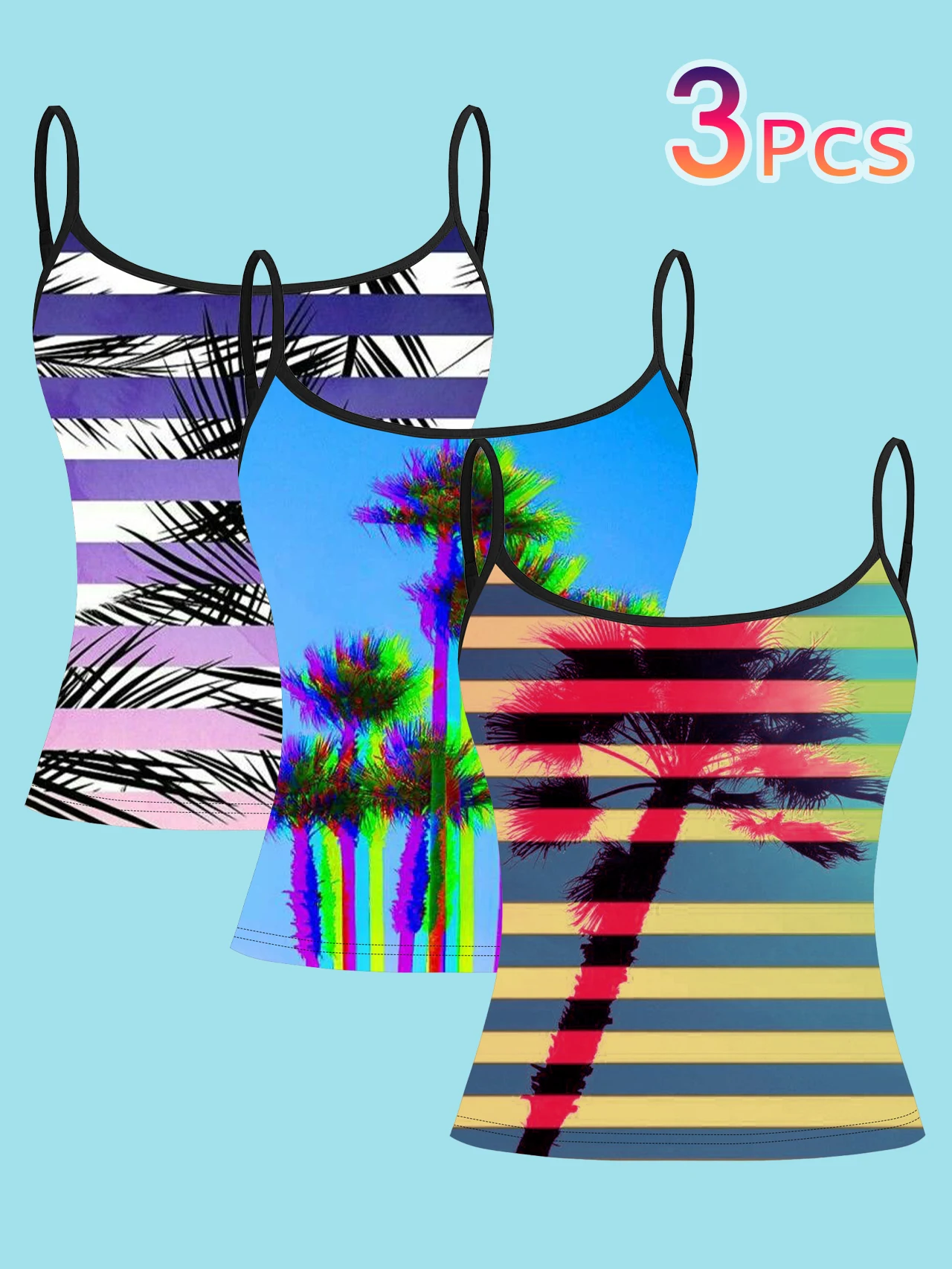 3-Piece Set of American Retro Palm Tree Print Camisoles for Women, Beach Vacation Striped Color-Blocking Slim-Fit Sleeveless Hot Girl Inner Tops