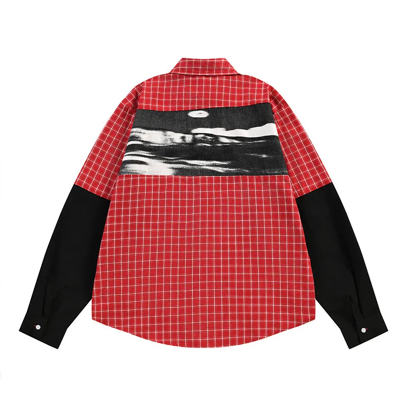 MWJLPWQ Men's Streetwear Color-Blocked Irregular Plaid Pattern Shirt Hip-Hop Print Unique Long Sleeve Tops 17683