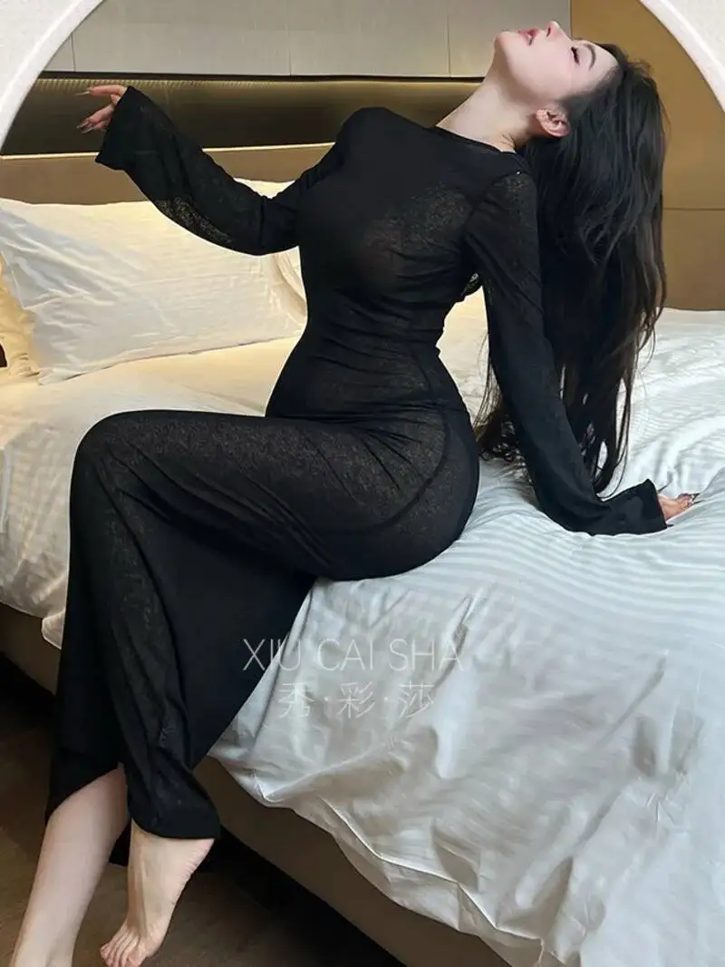 Pigiama sottile sexy girocollo sexy per coppie Allettante desiderio puro Abito lungo Elegante pizzo a rete Sheer Sweet Abiti da donna 4FXS