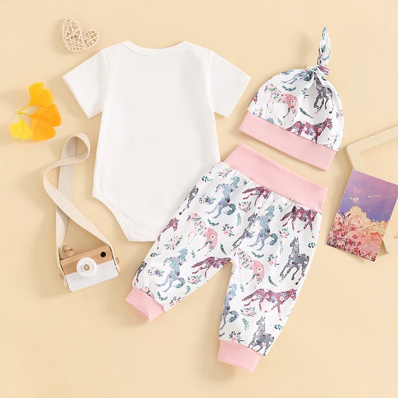 

Baby Boys Girls Summer Outfits Letter Animals Print Crew Neck Short Sleeve Rompers Long Pants Hat 3Pcs Clothes Set