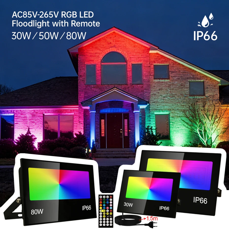 

Уличный светодиодный проектор RGB/RGBWW с регулировкой яркости, 30 Вт, 50 Вт, 80 Вт, водонепроницаемый, 110 В/220 В, для наружного освещения и декоративного освещения (США, ЕС, Австралия, Великобритания)