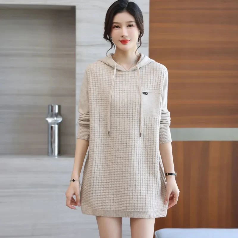 5XL Large Size Hooded Knitted Sweater 2024 NEW Women Spring Autumn Loose Long Pullover Sweater Female Knitwear Casual Knit Dress