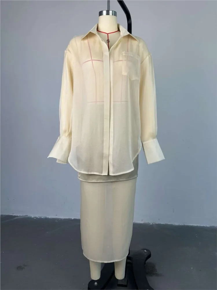 Set di gonne a rete sexy da donna 2025 nuova primavera vedere attraverso camicette + gonna lunga con giunture a vita alta elegante set da due pezzi da donna da ufficio
