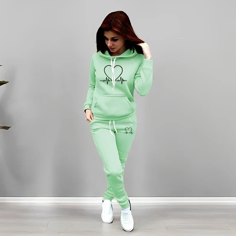 2026 New Arrival Women's Tracksuit Hoodie Sweatpants Autumn Winter Daily Casual Sporty Jogger Set Heartbeat Print Casual Outfits