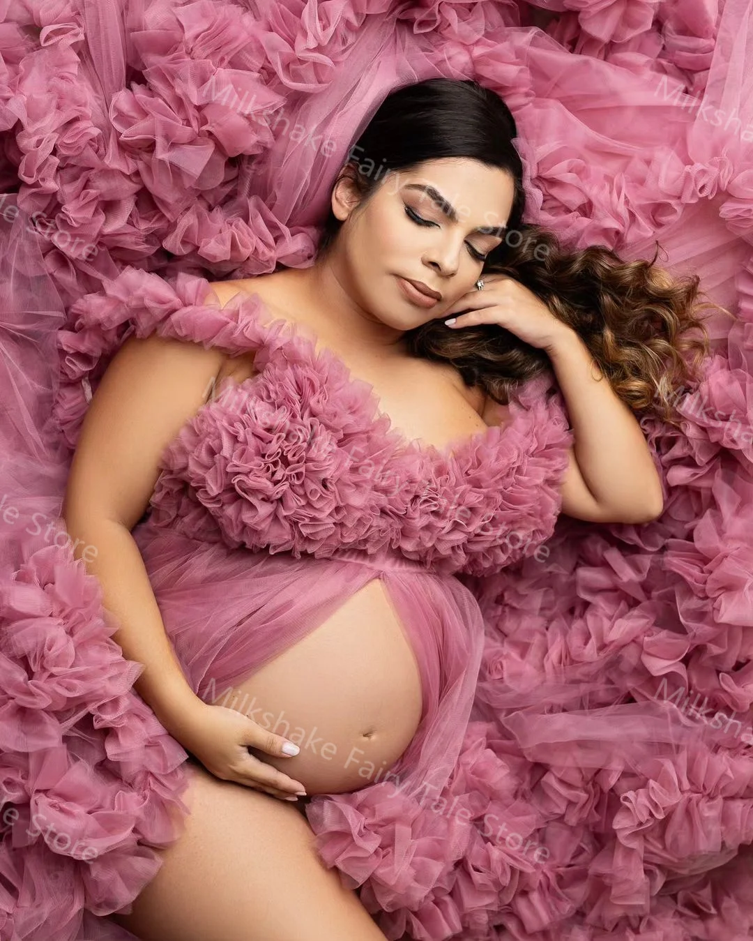 Abiti premaman rosa gonfi per la fotografia con spalle scoperte e volant a strati Abiti da gravidanza per donna Abiti da baby shower personalizzati sexy