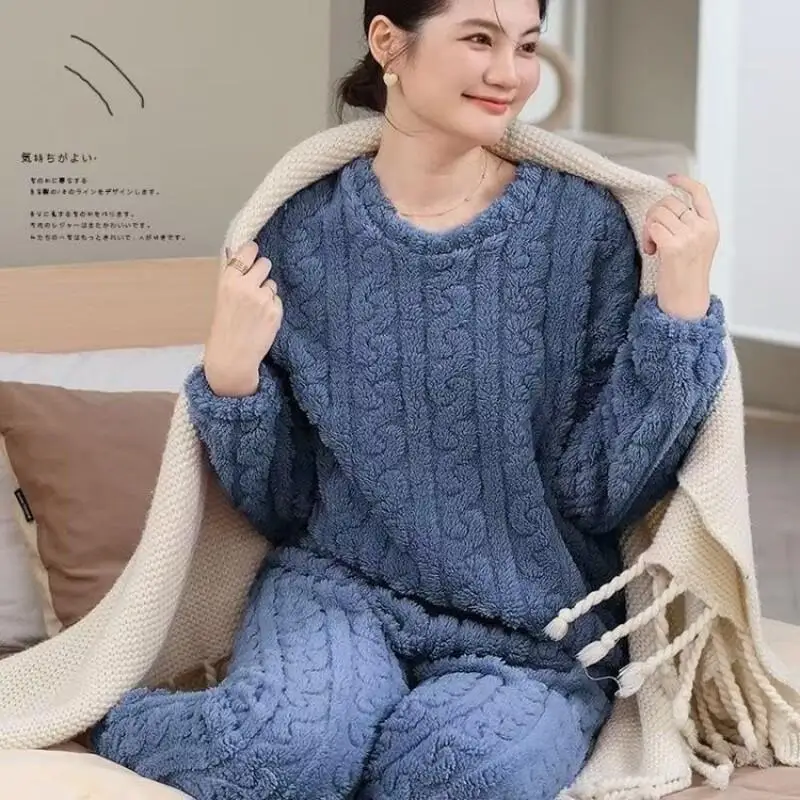 Сплошной цвет, женские пижамы, сохраняющие тепло, пижама из кораллового флиса для девочек, осень-зима, новая модель, одежда для сна, утепленная домашняя одежда, комплект из двух предметов