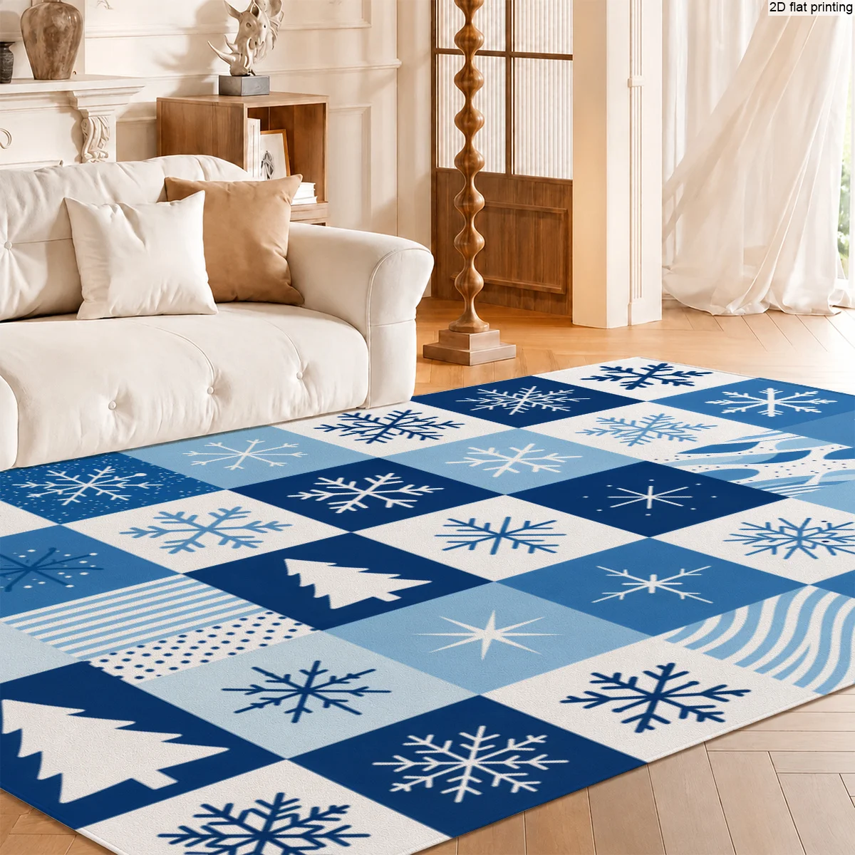 Blue and White Snowflake Checkered Rug, Winter Christmas Geometric Print Rug, Living Room and Bedroom Indoor Holiday Home Decoration Rug.